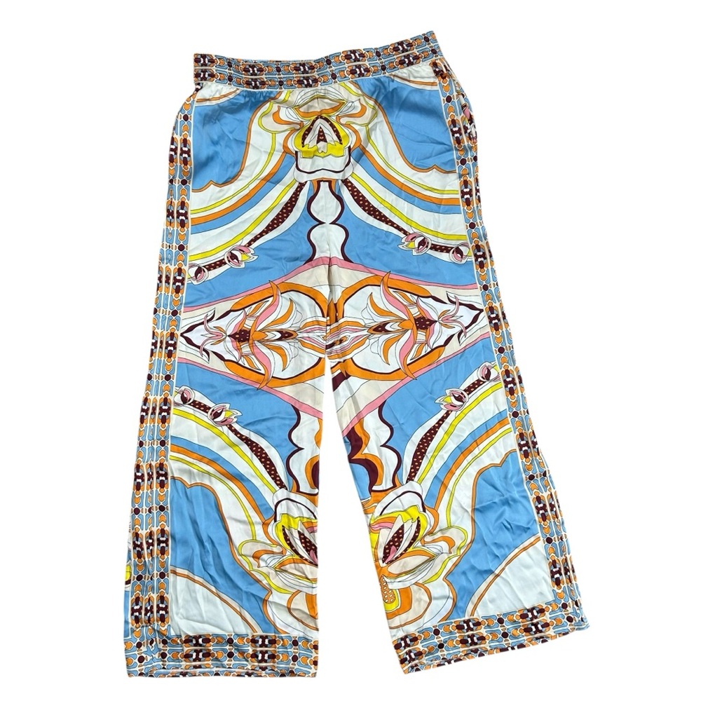 NEW Rachel Zoe Boho Palazzo Pants L Retro Abstract Flowy Cruise Resort Spring - Picture 2 of 8